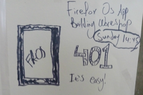 A poster for the session I ran at Mozfest. On the left, there is a drawing of a smart phone with "ffOS" written on the screen. On the right, the phrase "Firefox OS app-building workshop - Sunday 14:45 at 401. It's easy!" is written.